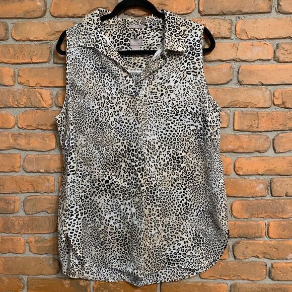 Chico's Top Women's Size 14 Beige Leopard‎ Print Sleeveless Linen Blouse No Iron - Picture 1 of 7